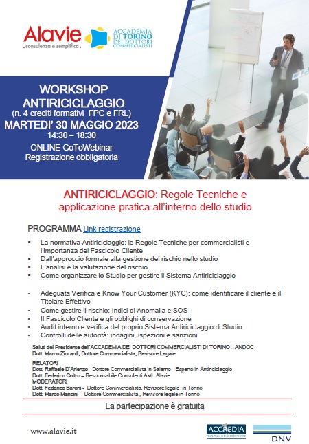 Webinar - WORKSHOP ANTIRICICLAGGIO - Accademia dei Dottori Commercialisti Torino - Andoc - ALAVIE - Martedì 30 Maggio 2023