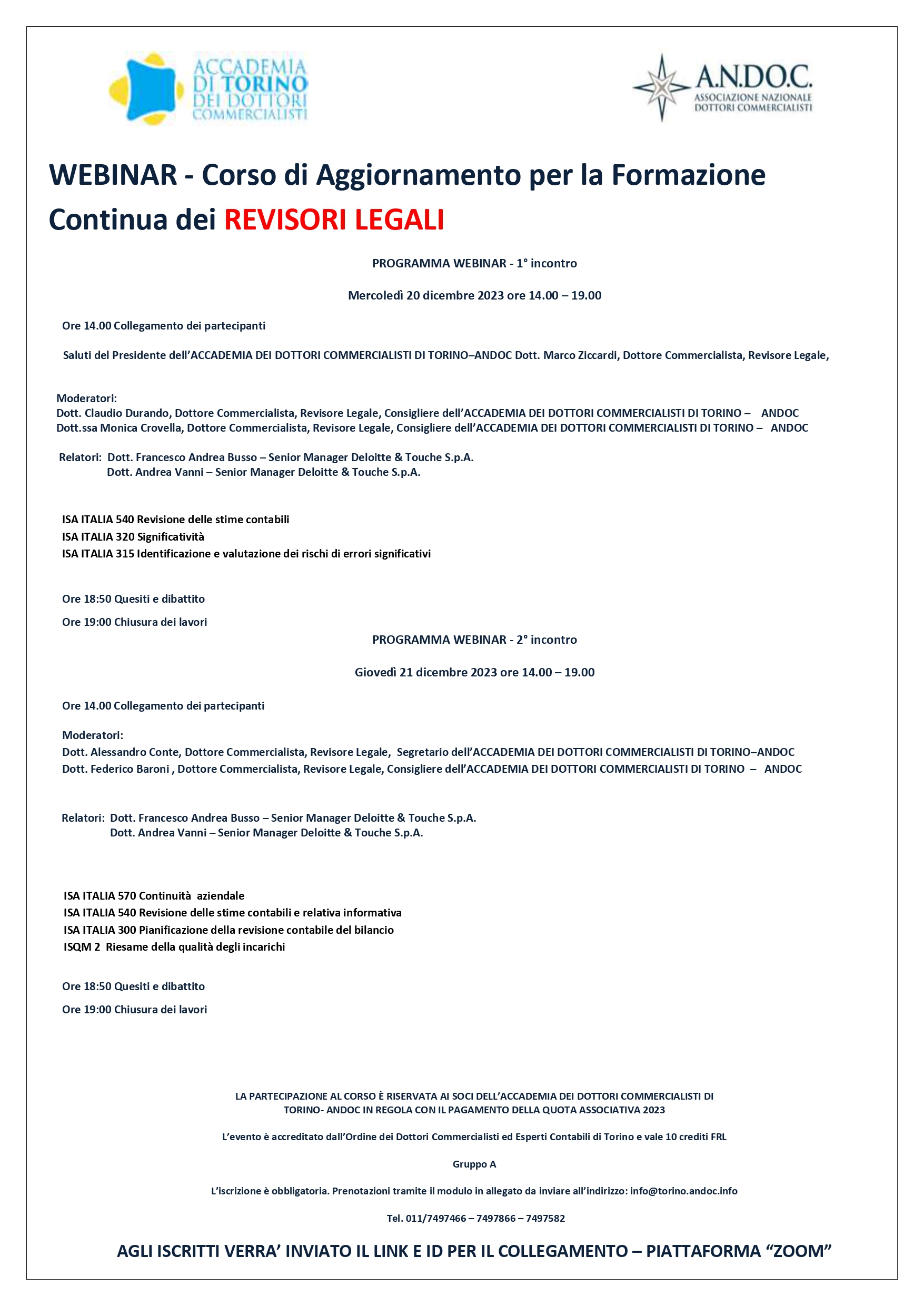 WEBINAR-Corso di aggiornamento per la formazione continua dei REVISORI LEGALI-Accademia dei Dottori Commercialisti Torino