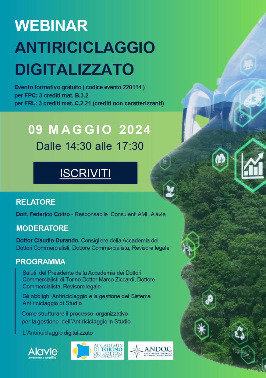 WEBINAR-ANTIRICICLAGGIO DIGITALIZZATO-Accademia dei Dottori Commercialisti  Torino-Andoc- ALAVIE- Giovedì 9 maggio 2024